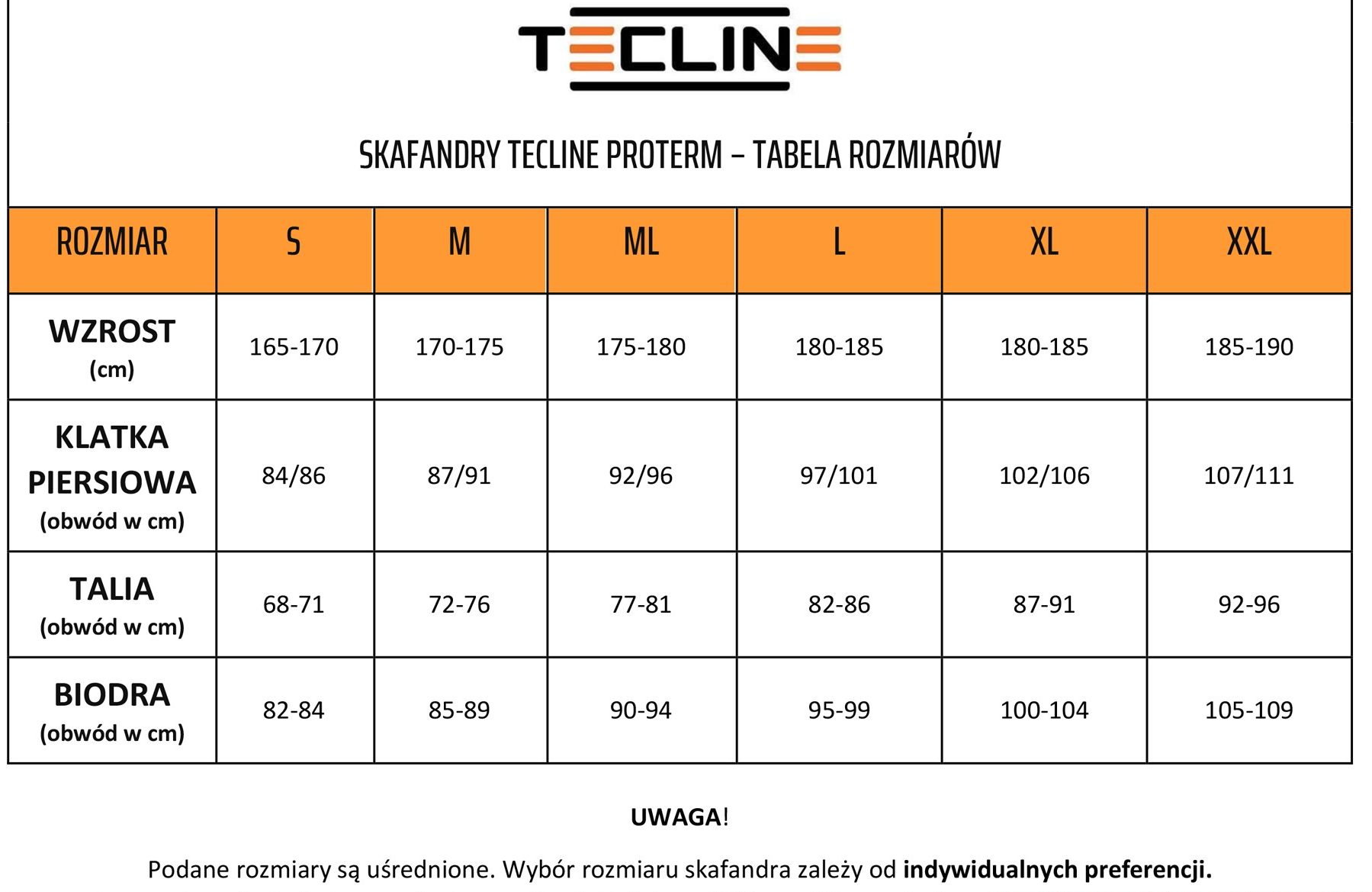 Tabela rozmiarów- skafandry Tecline